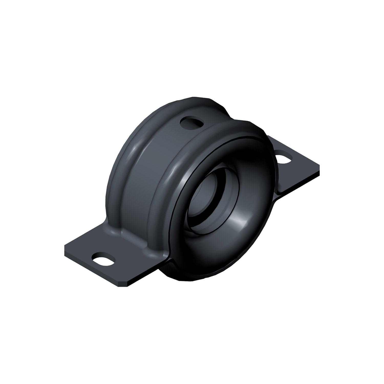 Black metal flex bearing mount with circular center and two flat mounting brackets with holes.