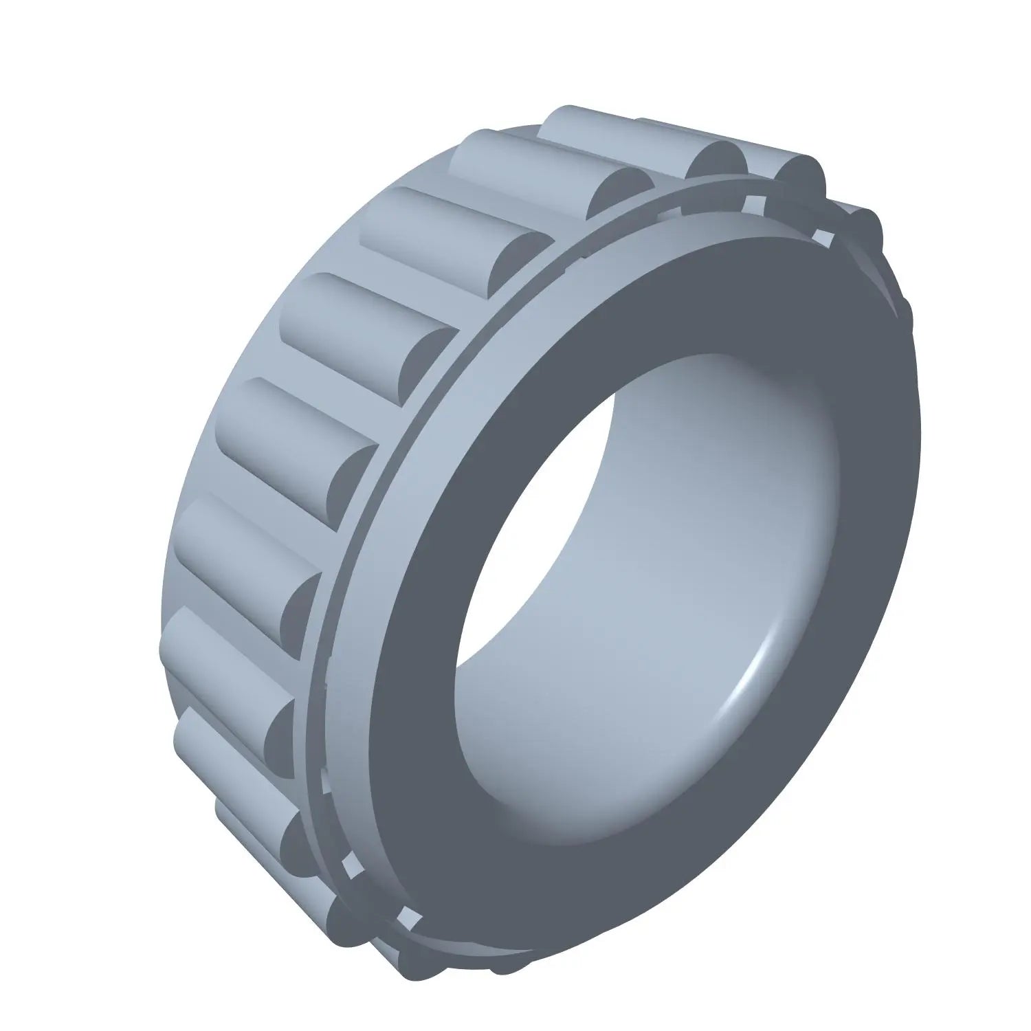 Gray cylindrical tapered roller bearing race with ridged outer surface and smooth inner ring.