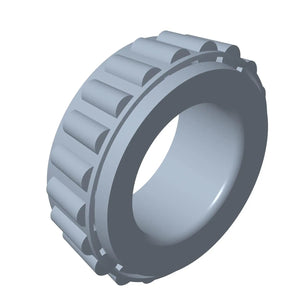 Gray cylindrical tapered roller bearing race with ridged outer surface and smooth inner ring.
