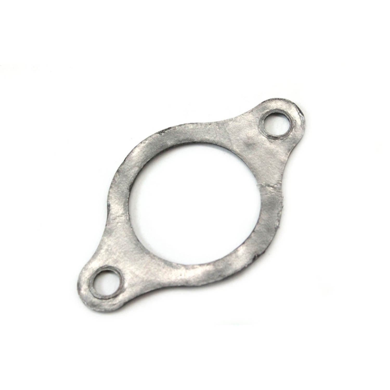 Silver metal exhaust socket gasket with two mounting holes, circular center opening, flat design.