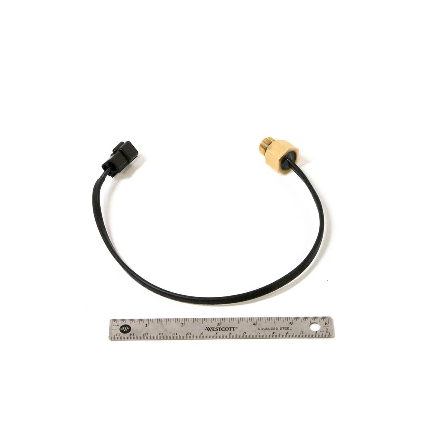 Black insulated wire harness with yellow thermal sensor connector and black plug end, 12-inch length with metal ruler for.