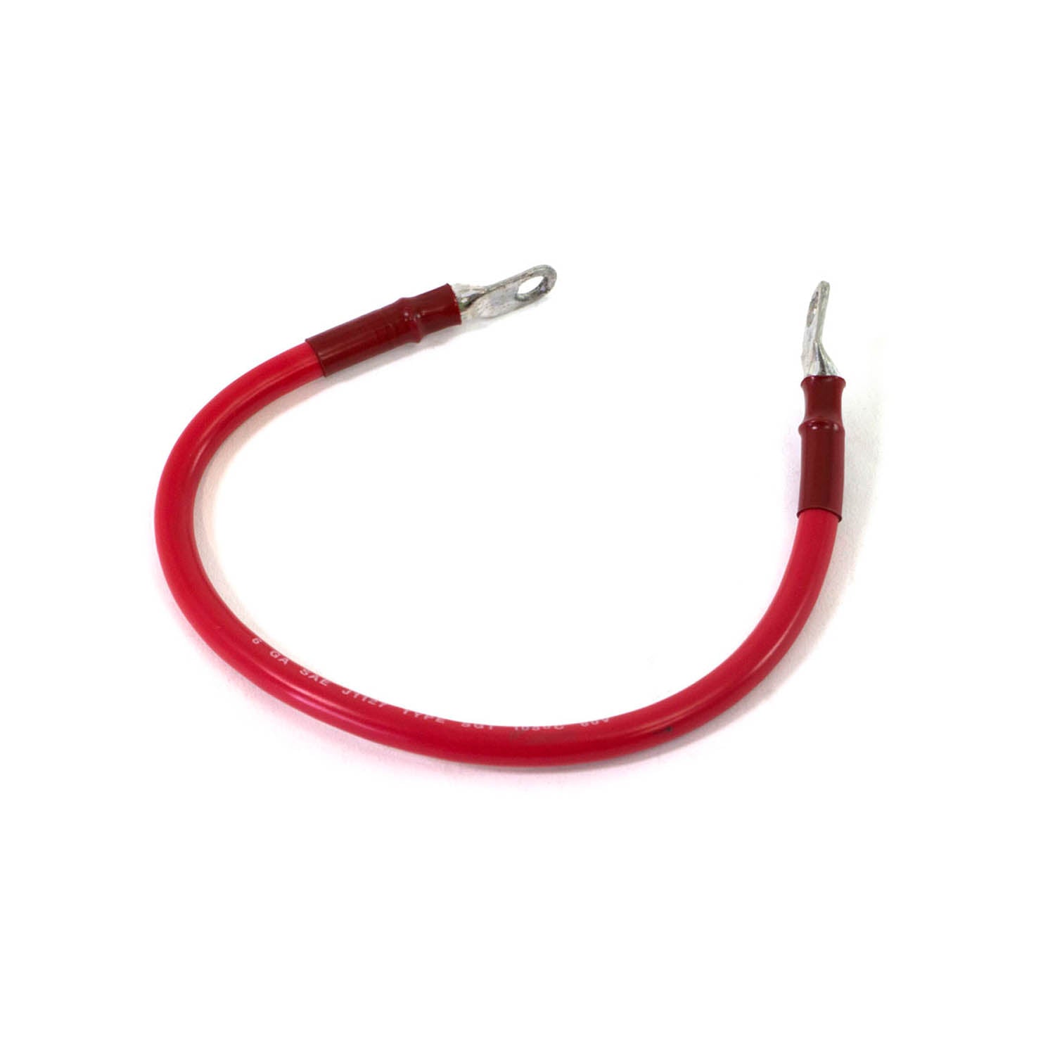 13-inch red insulated battery cable with metal terminal connectors on both ends.