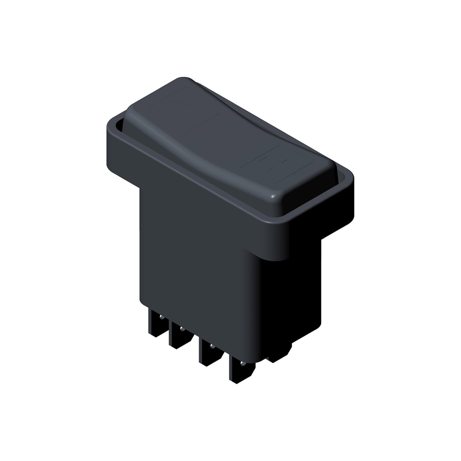 Black rectangular rocker switch with a slightly curved top and five metal prongs at the bottom.