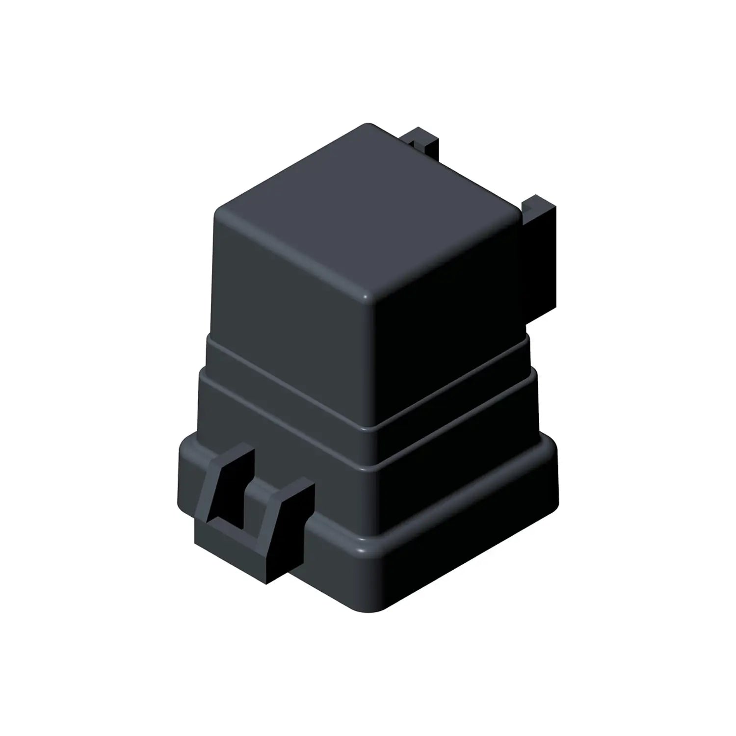 Compact black sealed relay with rectangular shape and molded plastic housing.