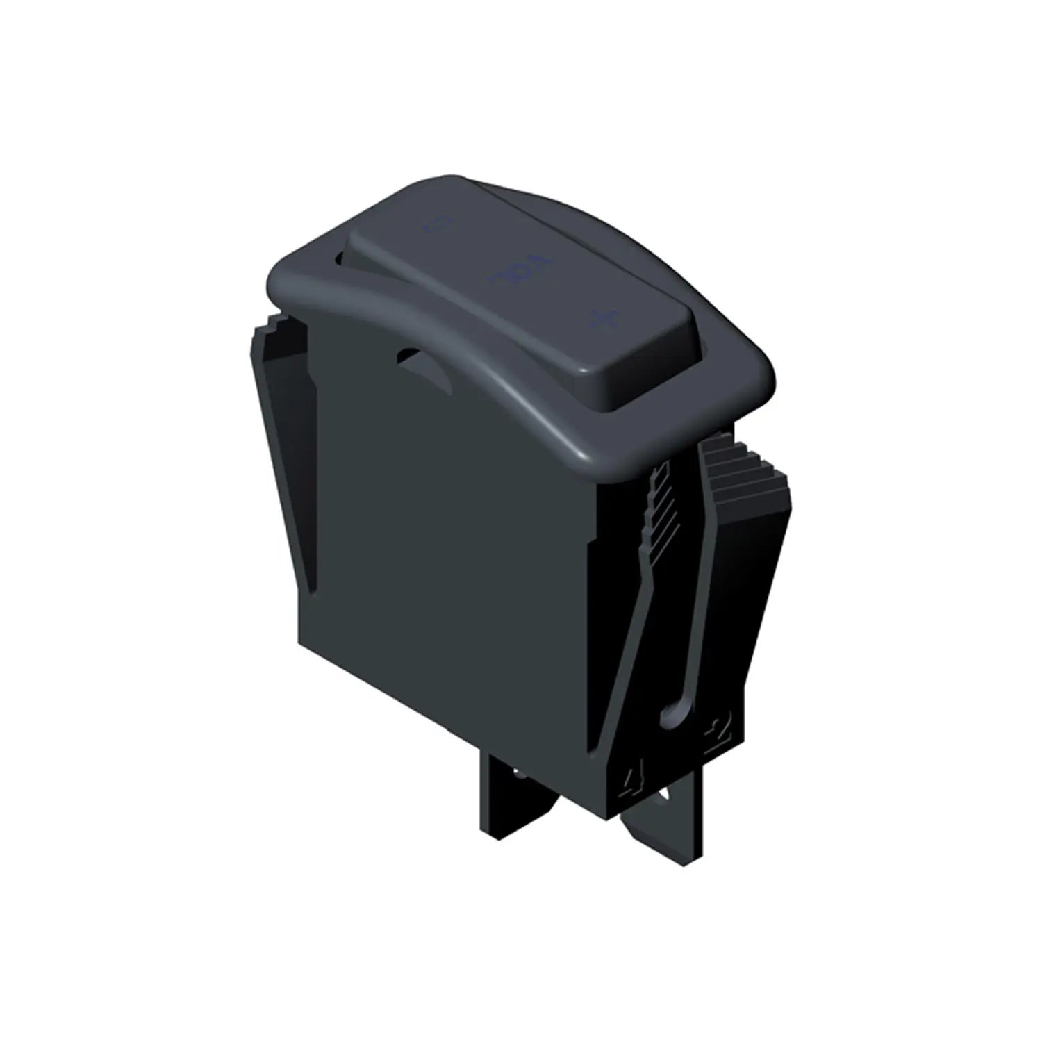 Black rectangular plastic radio control switch with a rocker button and metal prongs for connection.