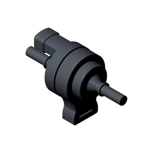 3D-rendered image of the Evap Canister Purge Valve by Polaris, a small black cylindrical valve with two hose connectors and a mounting bracket, designed for Victory motorcycles. The product is shown isolated on a white background.