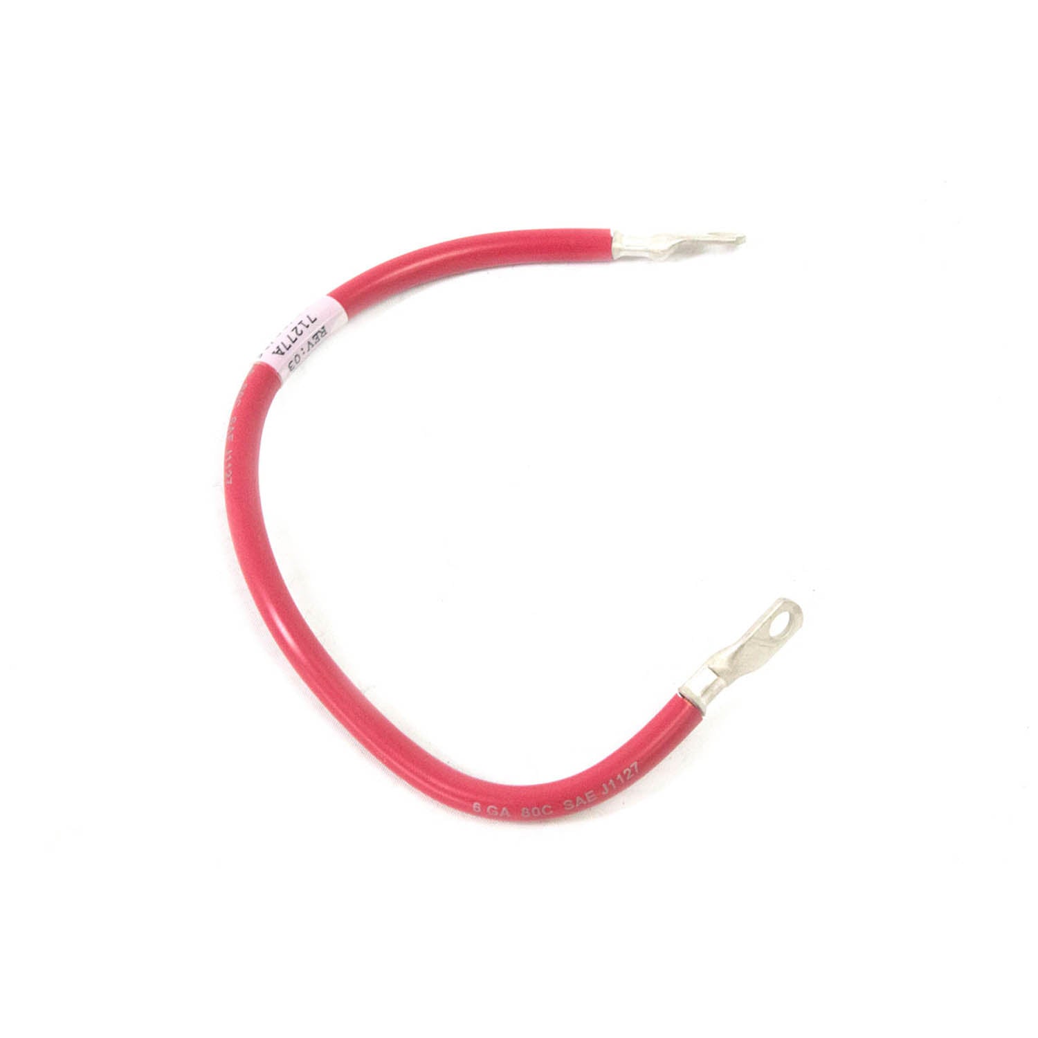 Red battery to solenoid terminal cable with metal lug connectors on both ends.