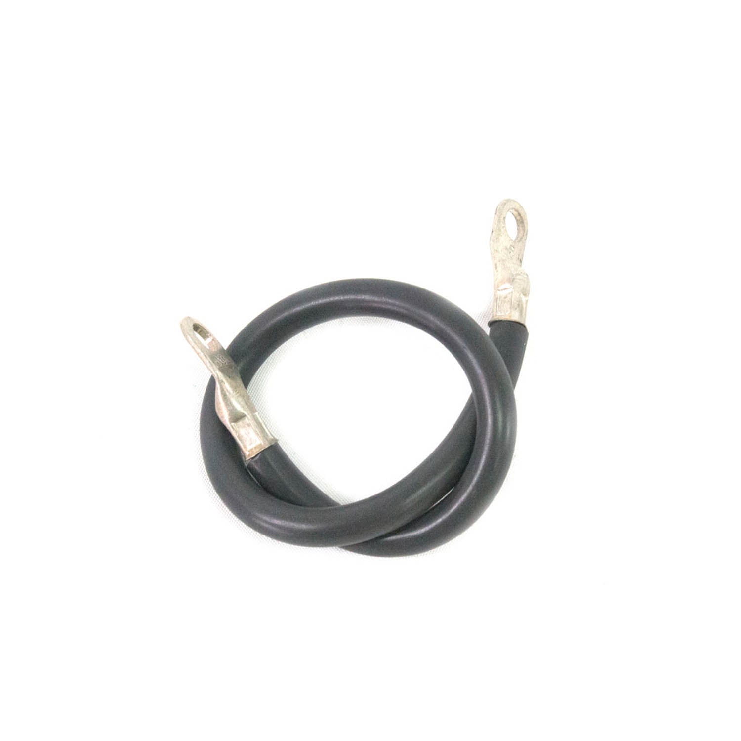 Black insulated chassis cable with silver metal terminals on both ends coiled in a loop.