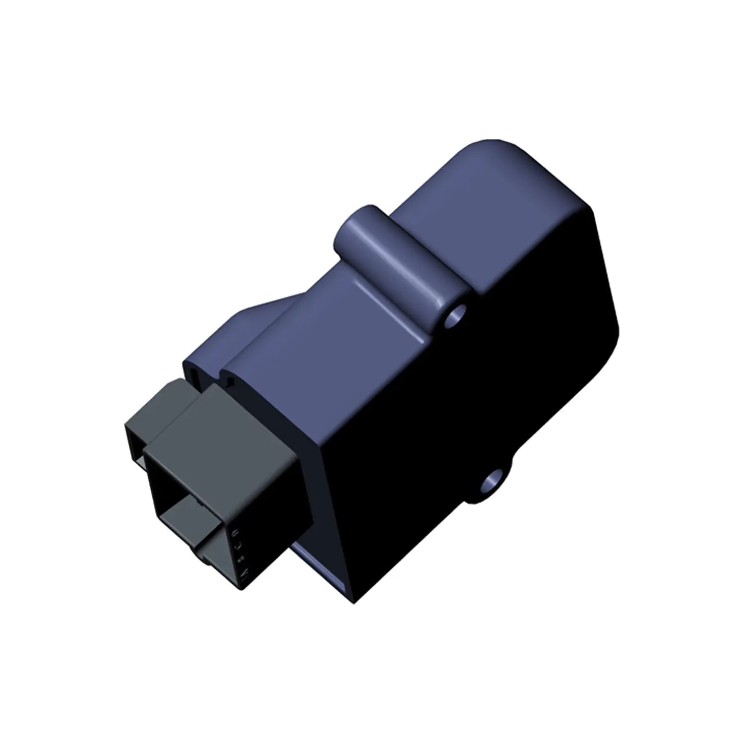 Black rectangular motorcycle reverse module with connector pins and mounting tab.