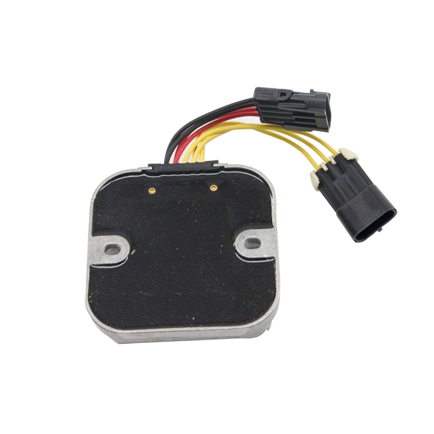 Black and silver rectangular Polaris regulator with three colored wires and two black connectors.