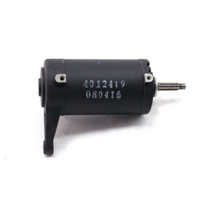 Black cylindrical starter motor with metal shaft and mounting bracket, labeled 4012419 080416.