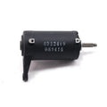 Compact cylindrical black metal starter motor with a small silver shaft protruding from one end and mounting bracket on the.