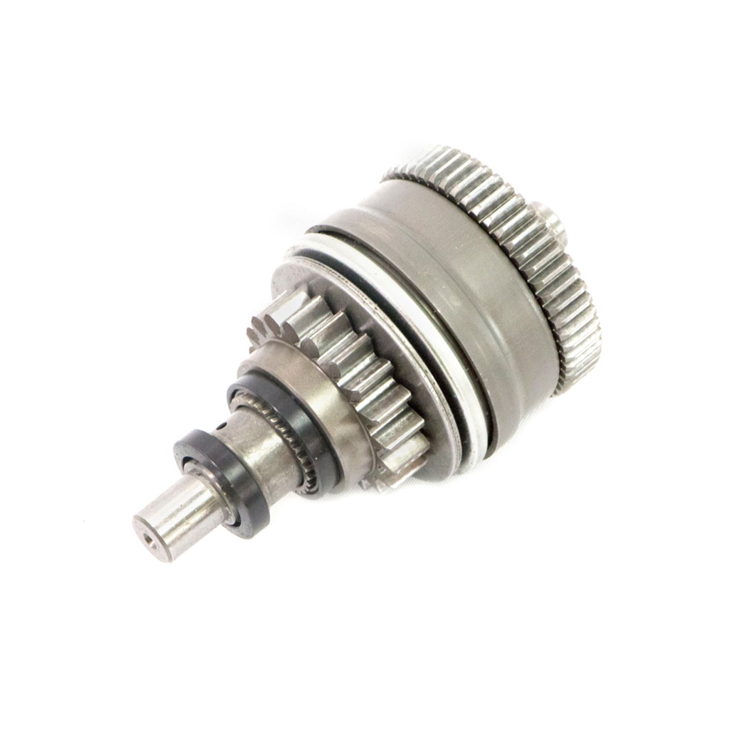 Metallic silver Bendix DT 800/700 starter drive gear assembly with multi-tiered teeth and shaft.