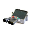 Rectangular metal vehicle control module with black plastic connector housing and multicolored wiring harness attached.