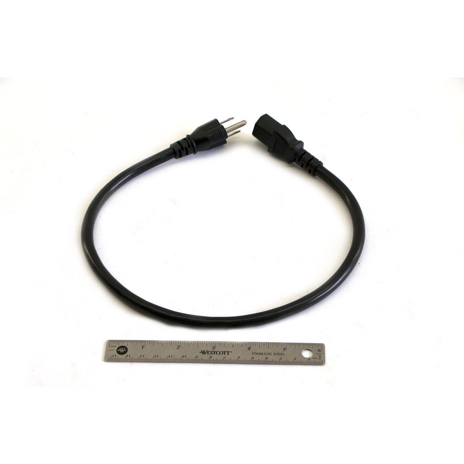 Black charging cable with molded connectors, medium thickness, 12-inch length shown next to metal ruler.
