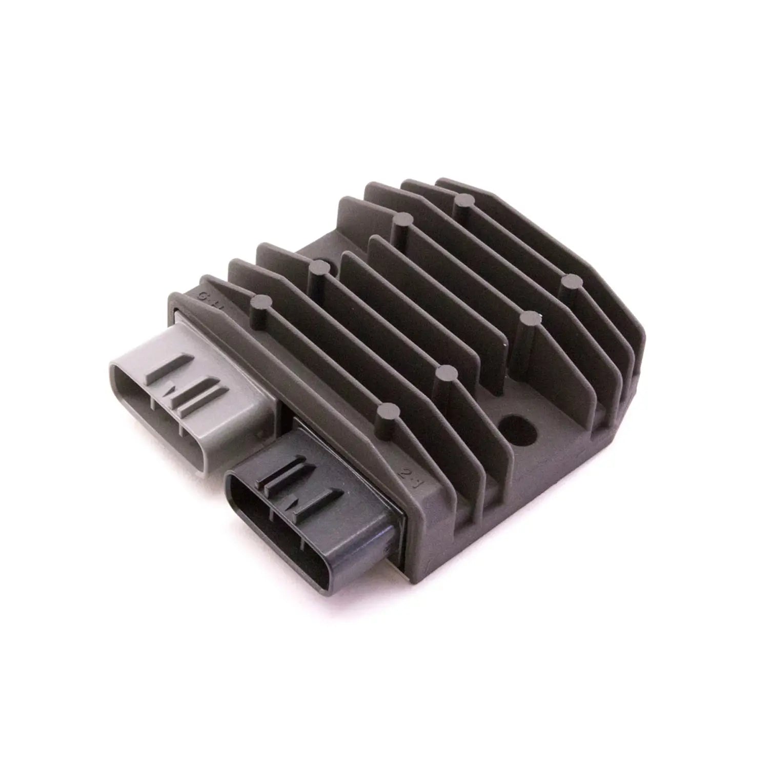 Black and gray finned voltage rectifier regulator with dual plug connectors.