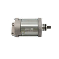 Silver cylindrical Polaris ATV starter motor with mounting holes and shaft gear on white background.