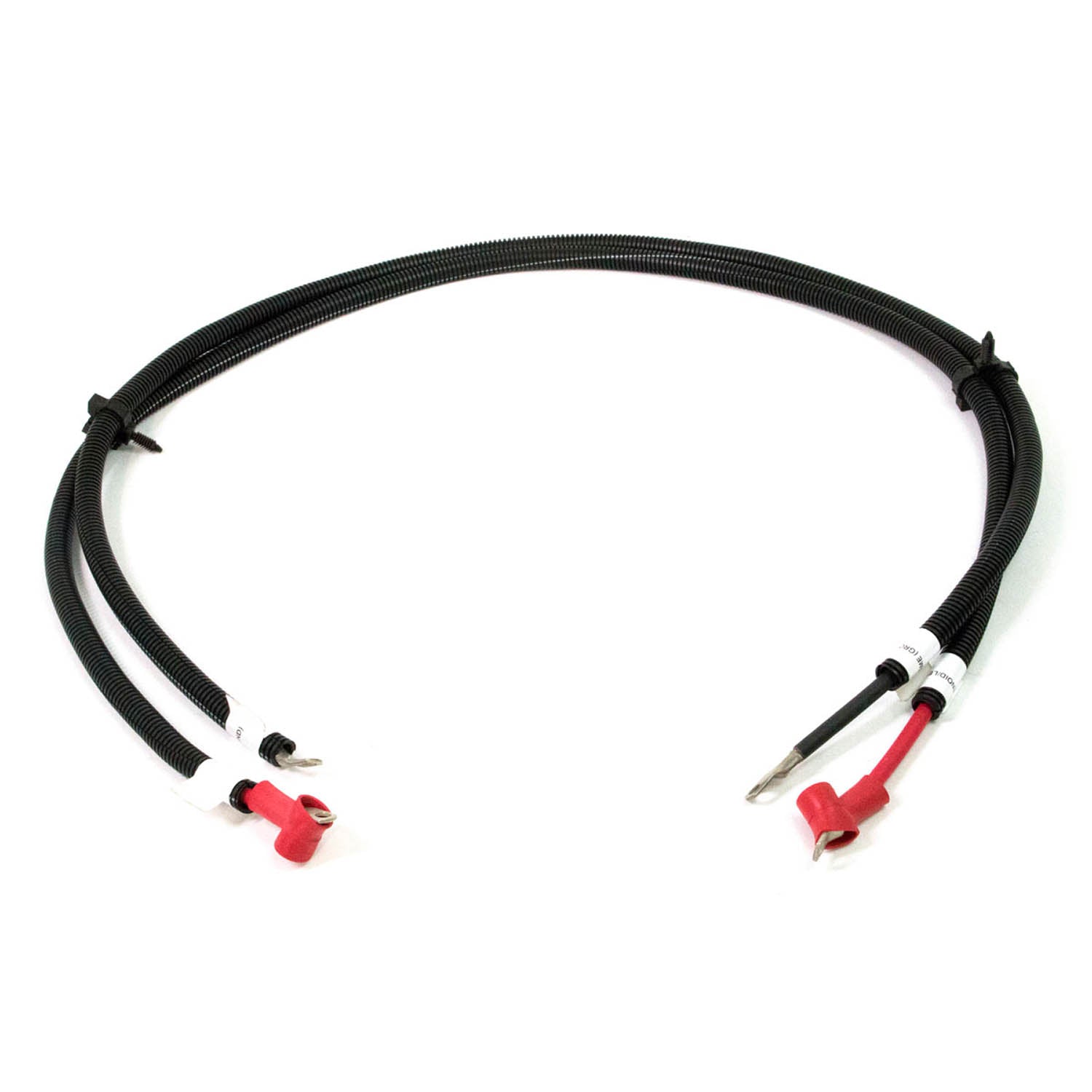 Black starter to solenoid ground cable with red and silver metal connectors on each end, secured with white zip ties.