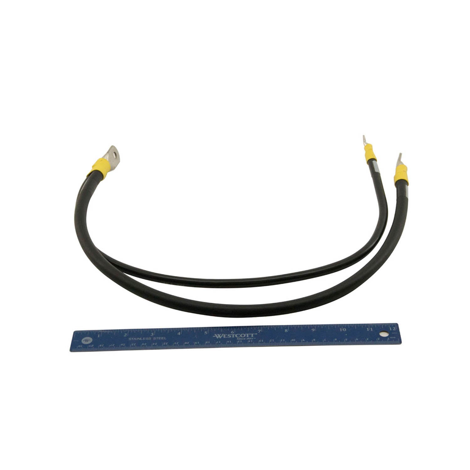 Black insulated battery negative cable with metal terminal lugs and yellow insulation sleeves, shown with blue ruler for.
