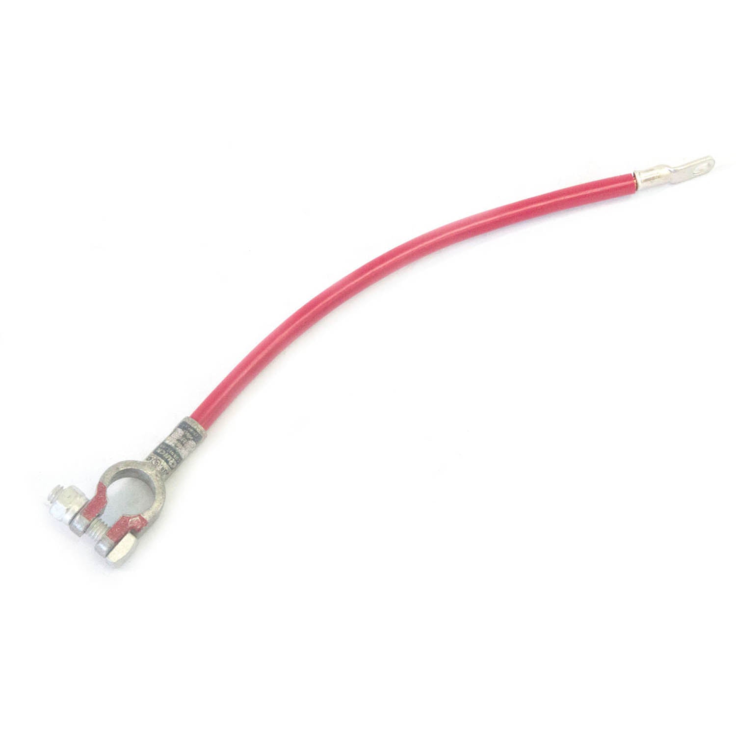 Red insulated battery to solenoid cable with metal terminal clamp and eyelet connector.
