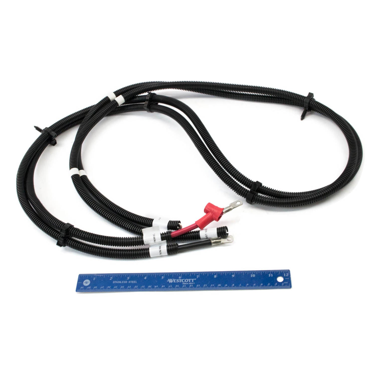Black cable assembly with red and black terminal connectors and attached white labels next to a blue ruler.