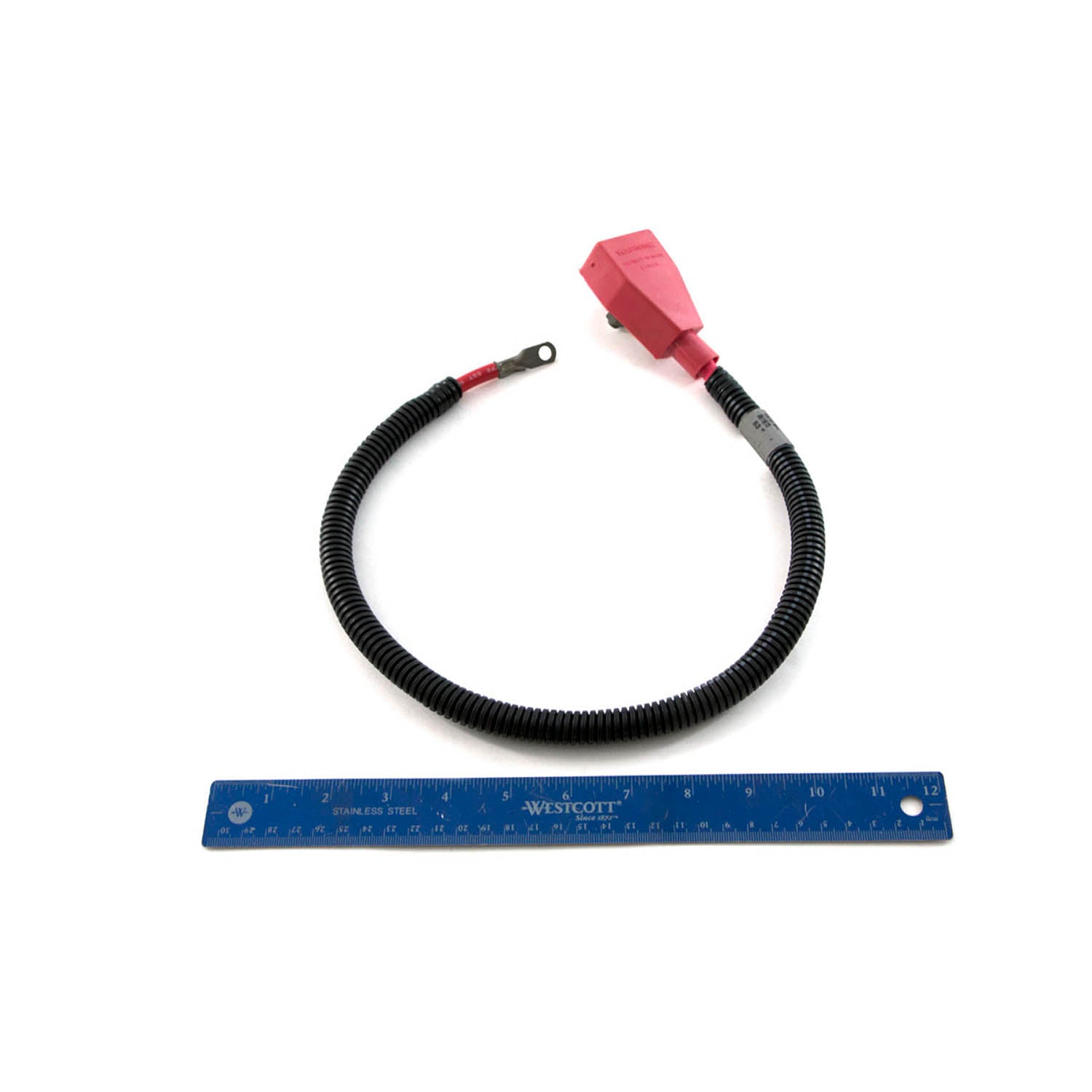 Black battery to solenoid cable with red protective cover and metal ring terminal, about 12 inches long.