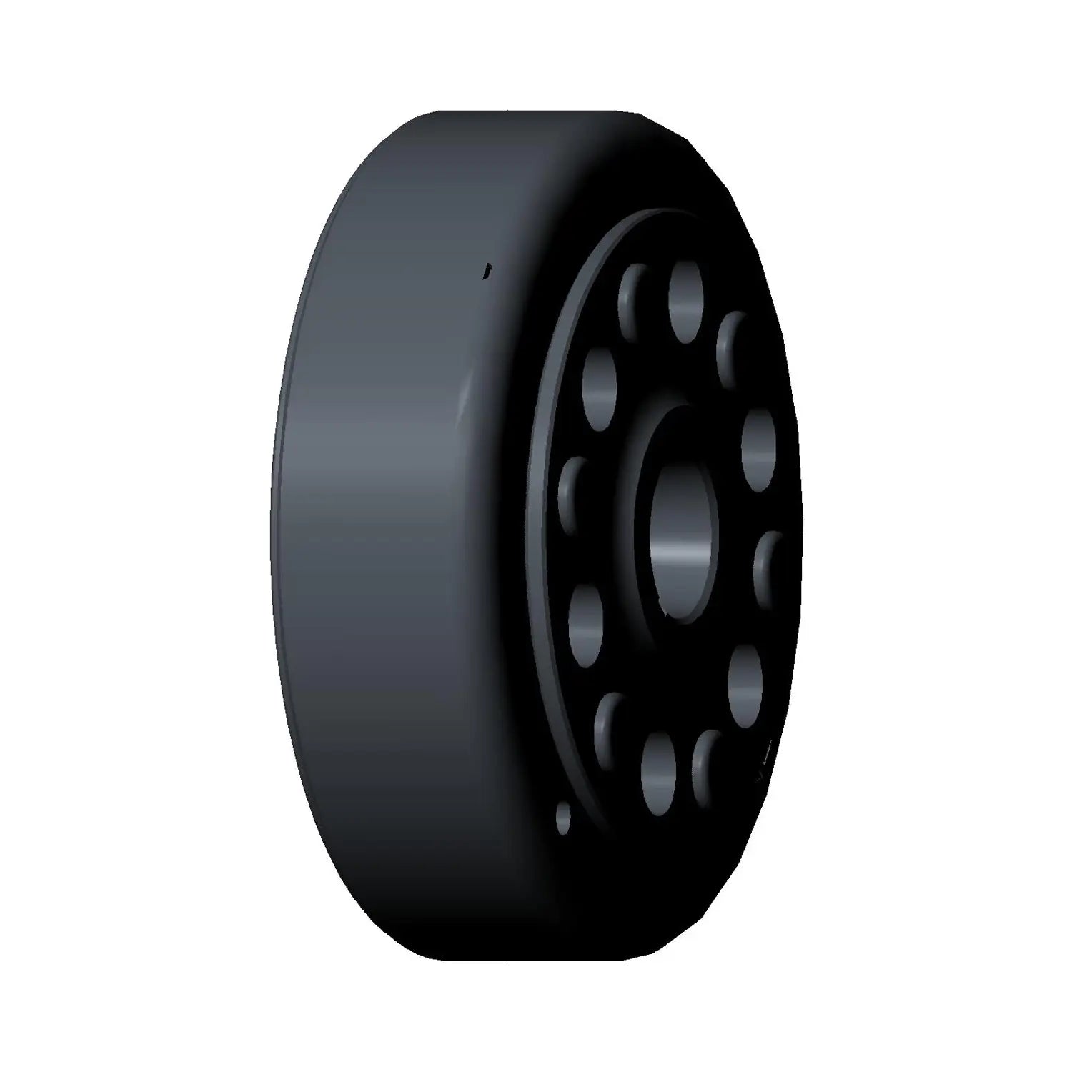 A black, round Rotor, Charging by Polaris with a smooth outer surface and multiple circular cutouts near the center hub, similar to OEM Victory Polaris designs, displayed on a white background.