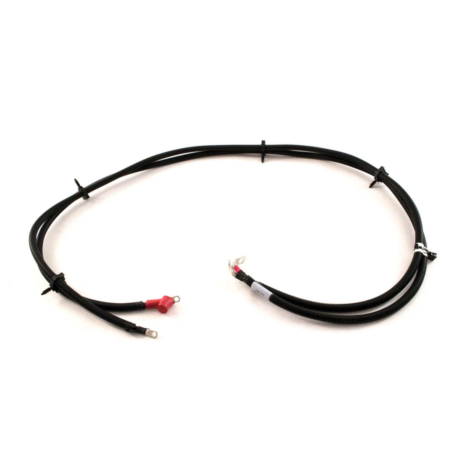 Black insulated battery cable with metal ring terminal on one end and red spade connector on the other.
