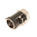 Large cylindrical black AC motor with silver metallic mounting brackets and electrical connectors.