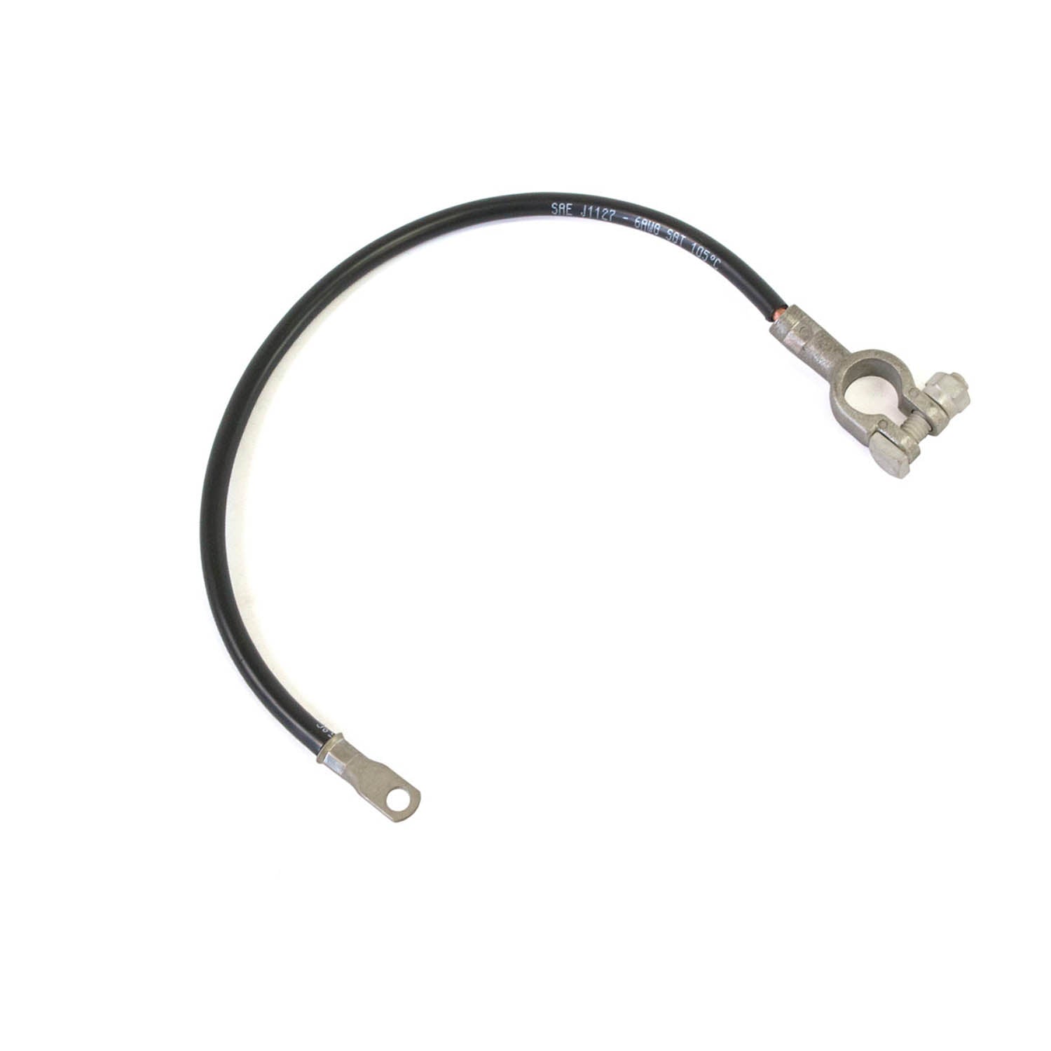 Black insulated battery to ground cable with metal ring terminal and clamp connector ends.