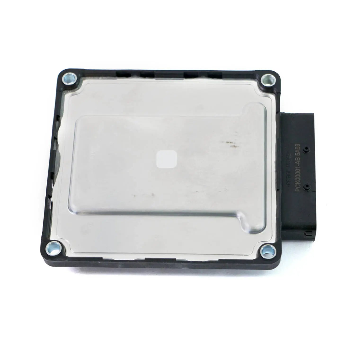 Rectangular metallic motorcycle PCM unit with black plastic connector housing and four corner screws.