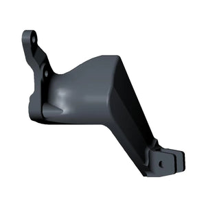Black metal foot peg mount for motorcycle, left-hand side with mounting holes and reinforced design.