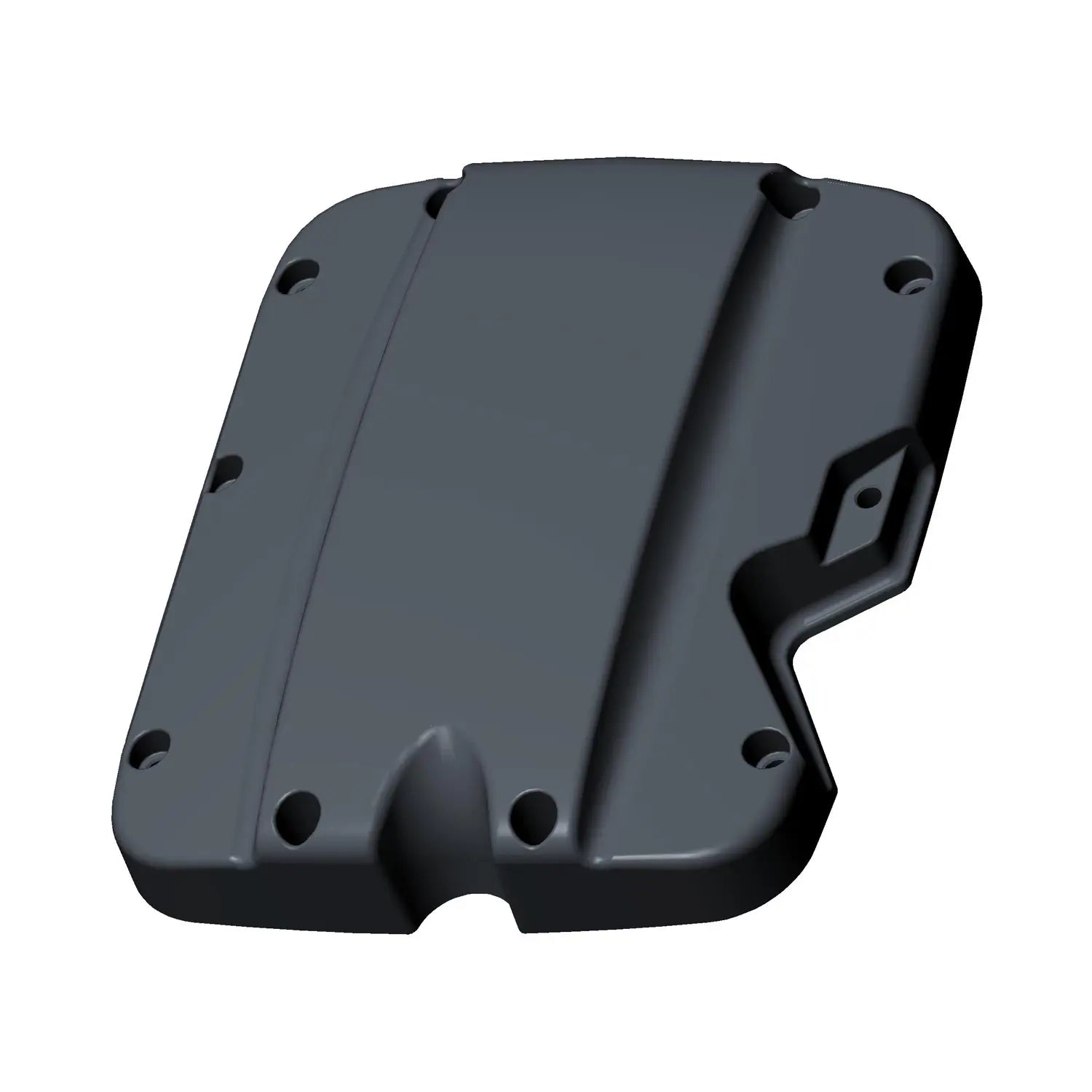 Black molded plastic valve cover with multiple screw holes and contoured shape for front engine fitment.