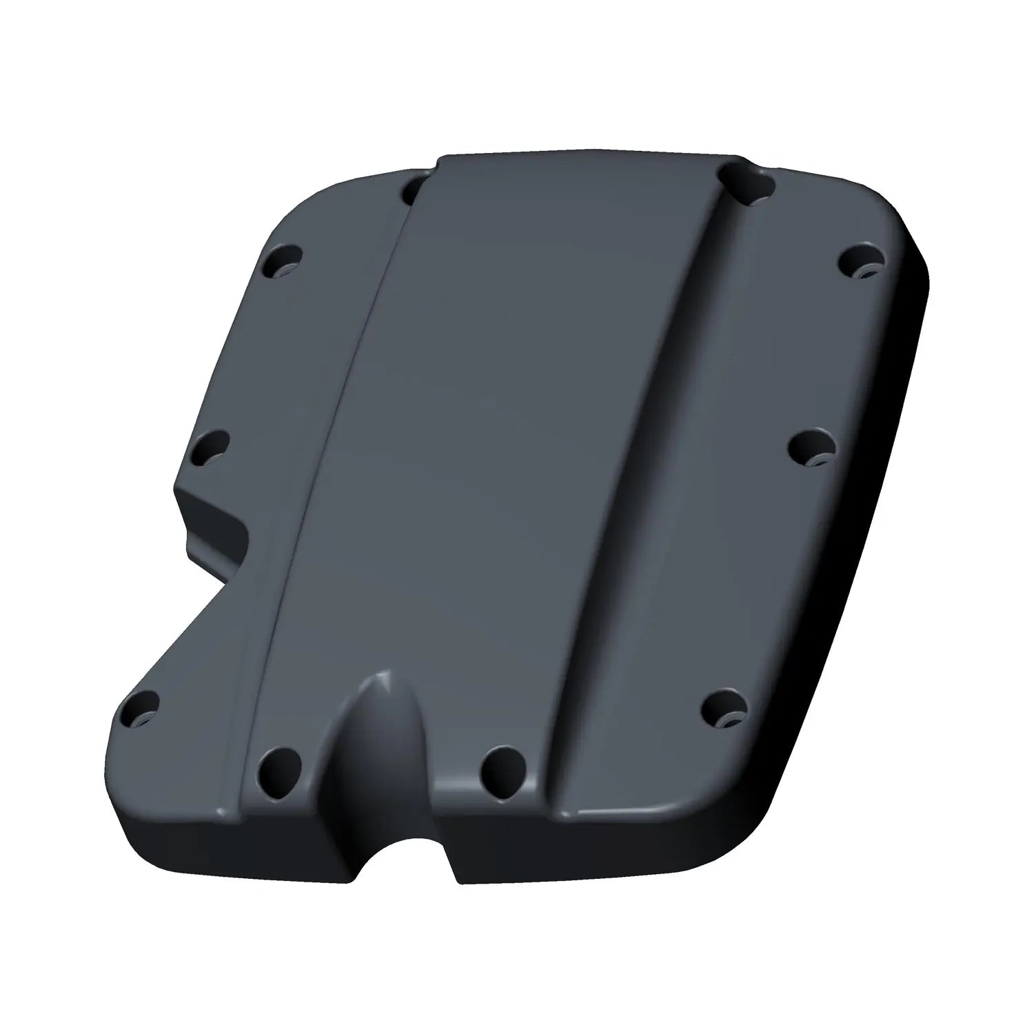 Matte black rear valve cover with smooth surface and multiple bolt holes around edges.