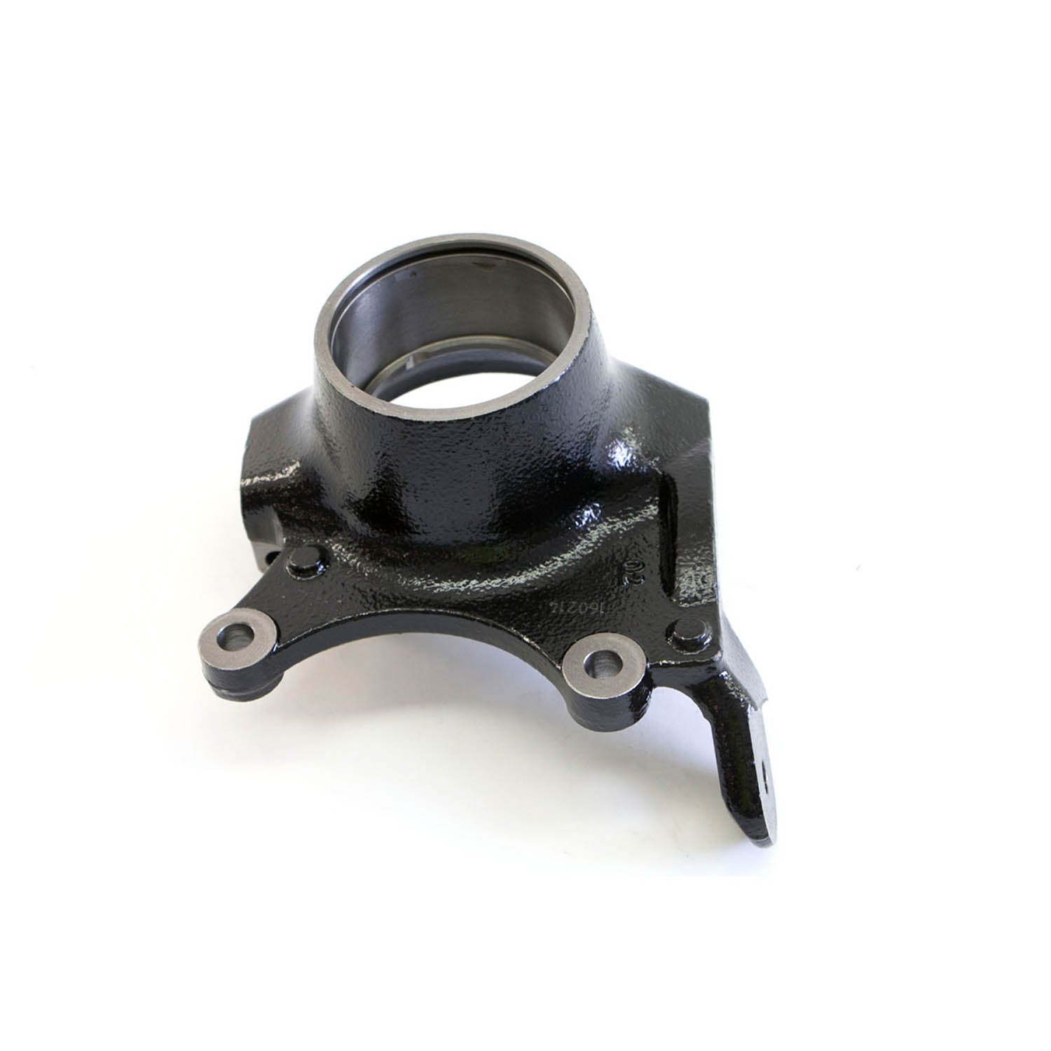Black metal steering knuckle with circular bearing housing and three mounting points.