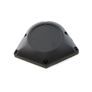Black triangular motorcycle cam cover with rounded edges and five mounting holes.