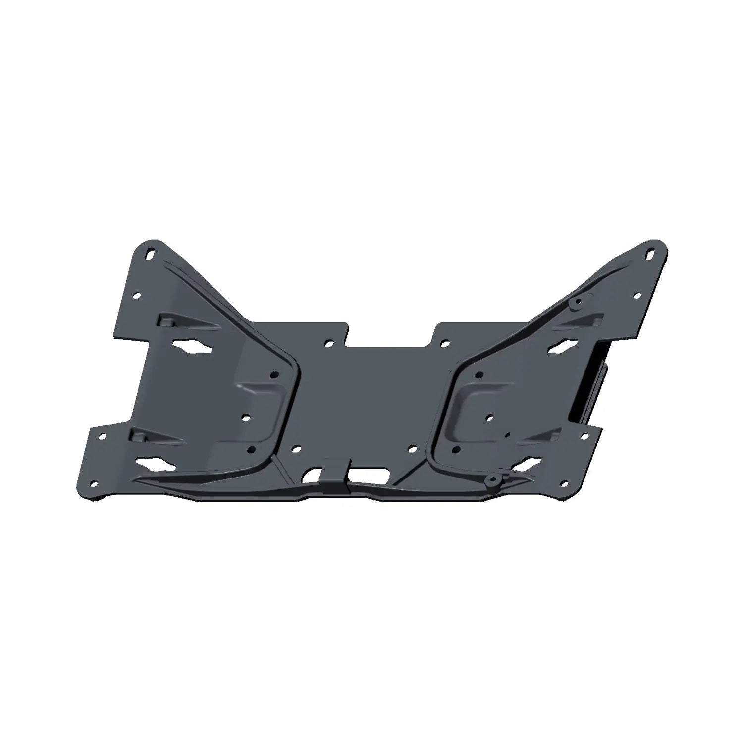 Black metal saddlebag support bracket with multiple mounting holes and angled side arms.