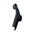 Black metal exhaust support bracket with curved shape and mounting holes.
