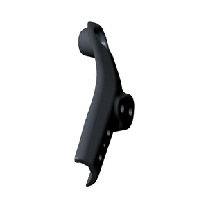 Black metal exhaust support bracket with curved shape and mounting holes.