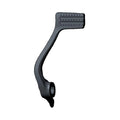 Black metal brake pedal lever with textured rectangular foot pad and curved arm.