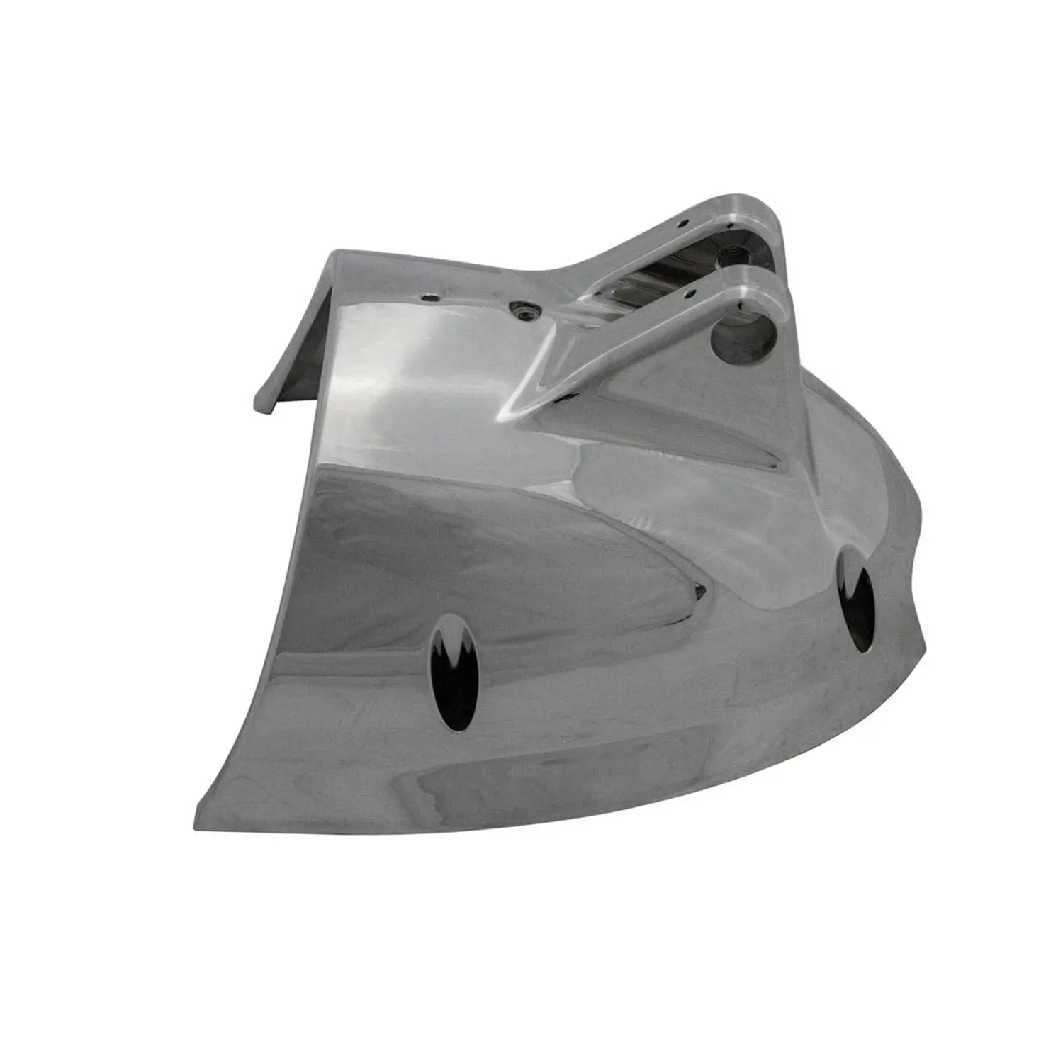Chrome lower headlight bucket with smooth curved surface and mounting bracket.