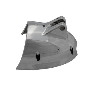 Chrome lower headlight bucket with smooth curved surface and mounting bracket.