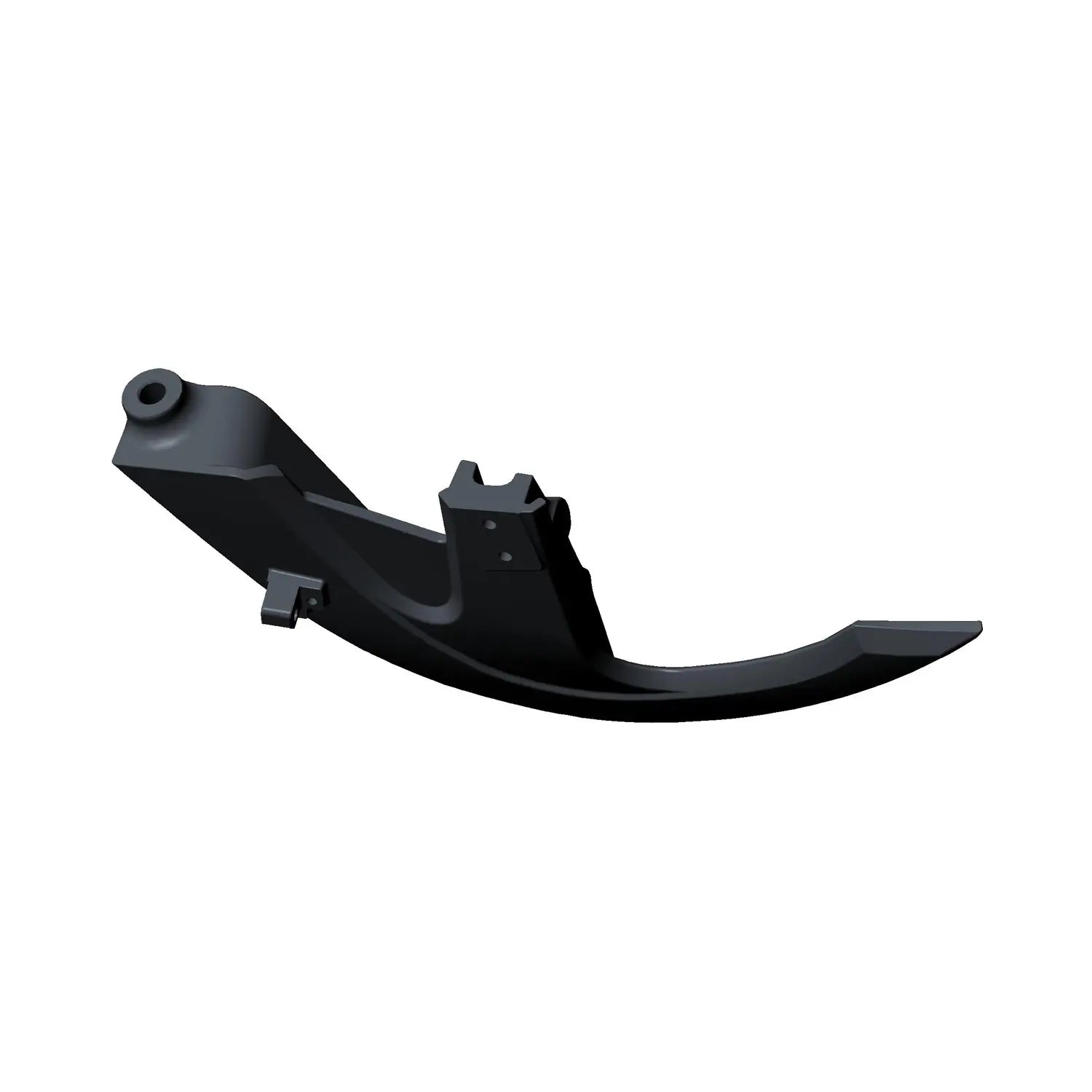 Black curved rear tip-over bumper with mounting points, designed for left side motorcycle fitment.