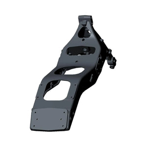 Black rear main frame section for motorcycle, triangular metal structure with multiple mounting points and holes.