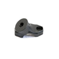 Black metal fairing bottom riser with threaded hole and mounting point, compact design.