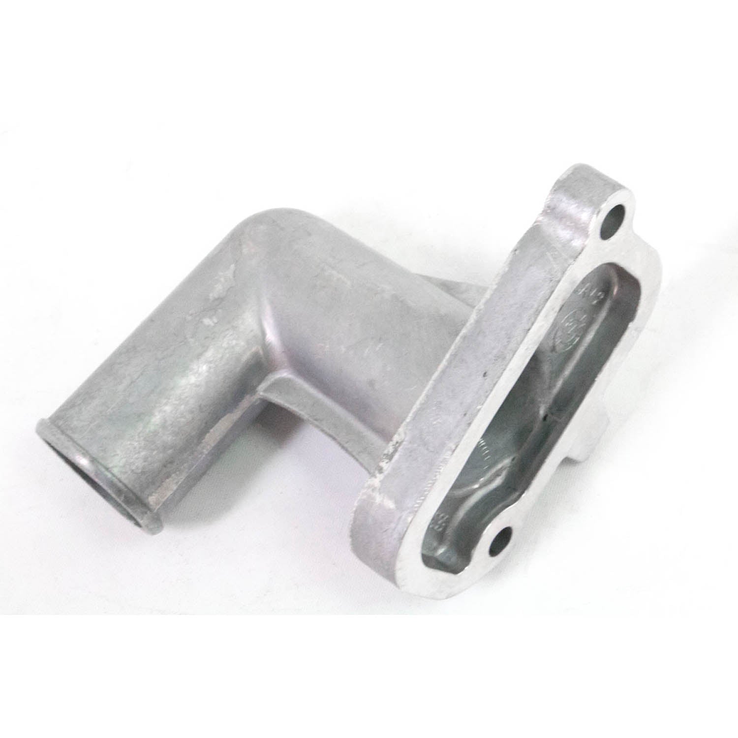 Silver metal water inlet cover with a right-angle pipe and oval mounting flange with two holes.