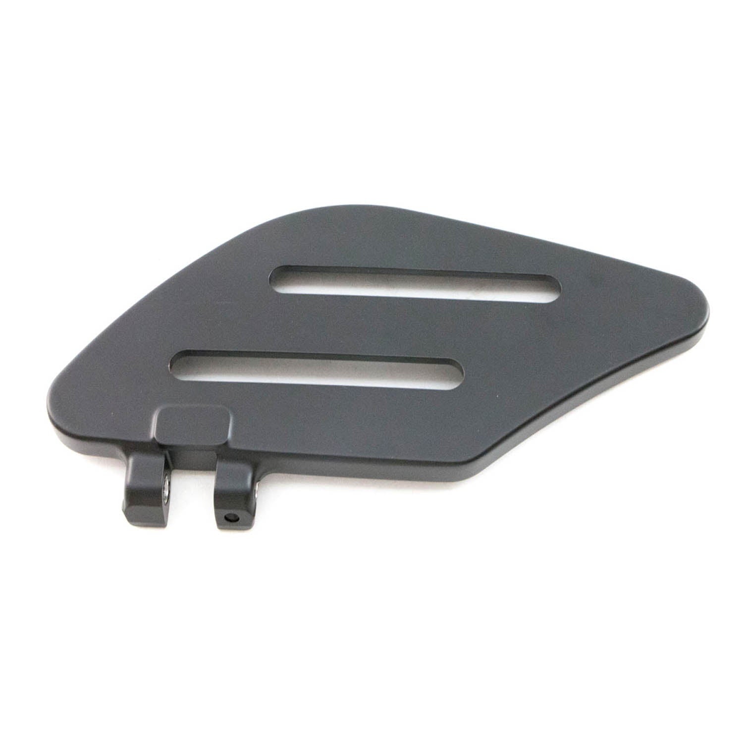 Flat black metal passenger floorboard with two mounting clips and elongated slots.