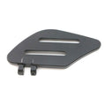 Flat black metal passenger floorboard with two mounting clips and elongated slots.