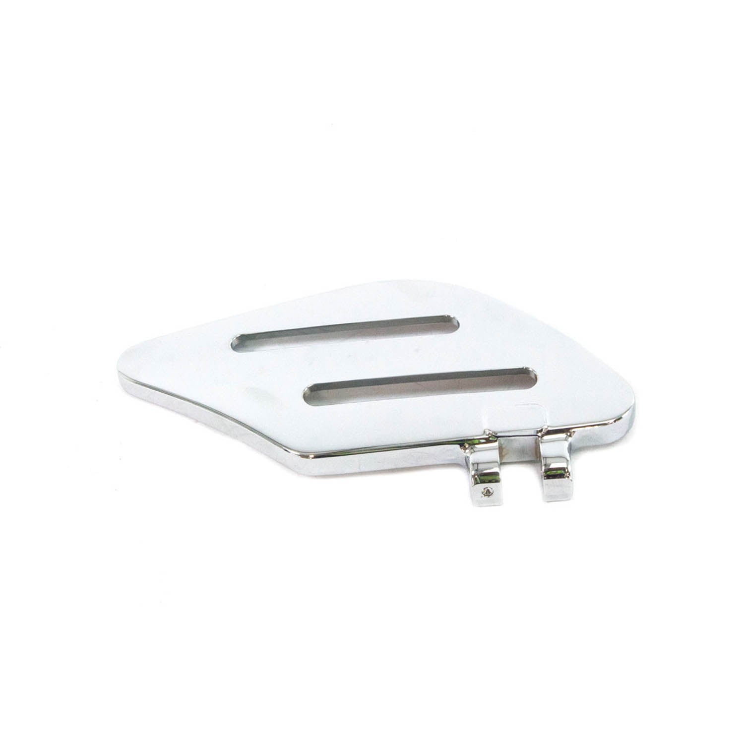 Right-side chrome motorcycle passenger floorboard with two elongated slots and dual mounting brackets.