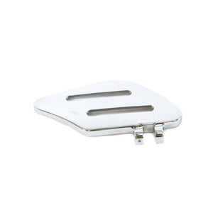 Right-side chrome motorcycle passenger floorboard with two elongated slots and dual mounting brackets.